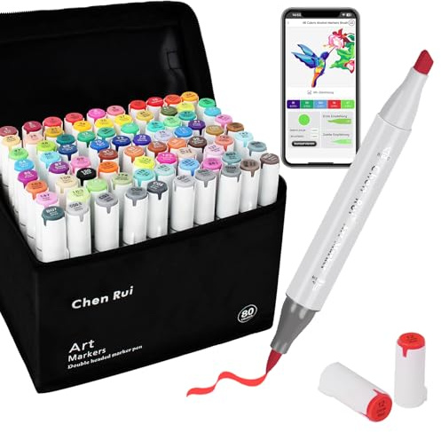 Chen Rui 80 Couleurs Feutre Alcool à Doubles Pointes Marqueur à Alcool | App Incluse | Pinceau & Biseautée| Séchage Rapide | Non Toxique | Mélangeable | Feutre Coloriage Adult pour Peinture, Croquis