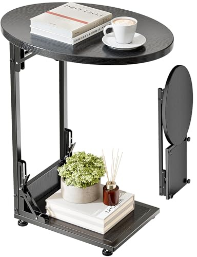 Bomclap Couchtisch, Klappbarer Sofatisch C Form, Kleiner Beistelltisch, Kaffeetisch mit Metallgestell für Wohnzimmer Schlafzimmer Büro, 40 x 33 x 64,5 cm (Schwarz)