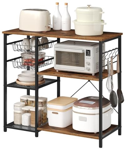 WOLTU Küchenregal mit 2 Drahtkörbe & 2 Drahtböden, Bäckerregal mit 5 Haken, Mikrowellenregal, Aufbewahrungsregal für Küche Kaffeebar Wohnzimmer, 90 x 82 x 40 cm, Rustikales Braun + Schwarz
