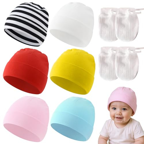 Zimoer 6er-Set Neugeborenen Mützen & 2 Paar Kratzhandschuhe aus Baumwolle | Weiches Babymützenset für Jungen und Mädchen 0-3 Monate | Ideal für Krankenhaus, Erstausstattung & Babyfotos
