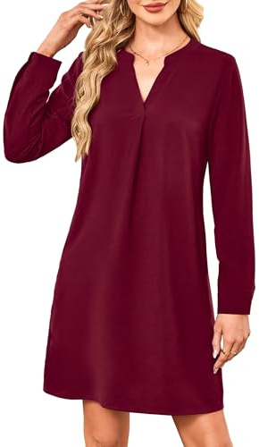Amoretu Kleider für Damen V Ausschnitt Langarm Midi Lässiges Blusenkleid mit Taschen
