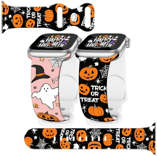 2pcs Halloween Watch Band Compatible with Apple Watch Bands 38mm 40mm 41mm for Women Men,Ghost Pumpkin Silicone Smartwatch Wristbands Replacement Strap for iWatch Series SE 9 8 7 6 5 4 3 2 1