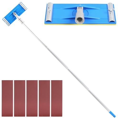 Gemsaya Ponceuse murale manuelle pour cloison sèche avec tige d'extension de 223,5 cm + 15 feuilles abrasives (grains 60, 100, 180, 240, 320), outil de ponçage pour cloison sèche pour nettoyage de mur