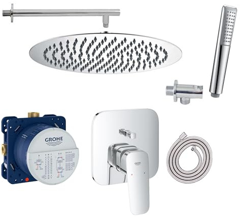 vanvilla Duschsystem Unterputz mit Duscharmatur Grohe poliert GE106 | Duscharmatur von Grohe Cubeo Einhebelmischer und vanvilla Regendusche Duschkopf rund, Dusch-SET poliert