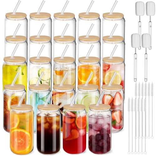 Cafultgo Iced Coffee Cup 24 Pack Glass Cups 16OZ with Lids and Straws Drinking Cup Set with Wooden Lids Home Essential Glass Tumblers for Beer Tea and Latte Clear (24A)