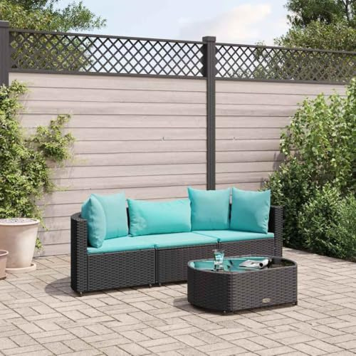 Ordellia Ensemble de 4 meubles de jardin modulaires en polyrotin noir avec coussins, plateau de table en verre trempé, résistant aux UV
