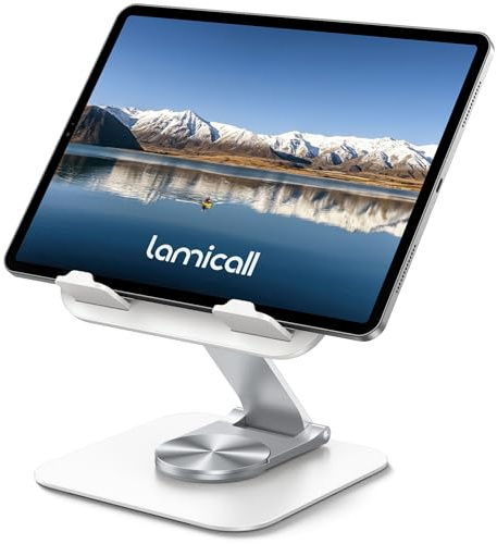 Lamicall Tablet Stand Holder for Desk - [360° Rotatable Metal Base] Adjustable iPad Stand, Foldable Desktop Tablet Stand for iPad Pro 13/12.9/11/10.5/9.7, Air mini 6 5 4, Switch, 4-13 Device - White
