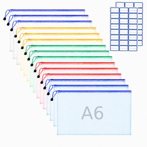 15 Stück Dokumententasche A6, Wasserdichte Dokumententasche A6, Mesh Tasche Zipper Beutel für Datei, Rechnung, Bürobedarf, Hausaufgaben, Kosmetik & Reise (5 Farben)