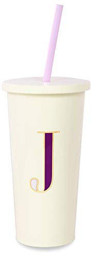 Kate Spade New York Insulated Initial Tumbler with Reusable Silicone Straw, 20 Ounces, J (Purple)