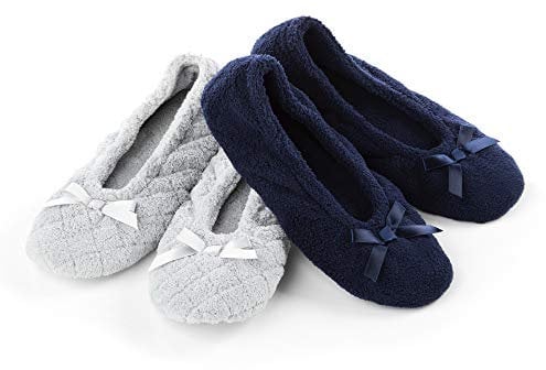 Isotoner Women's 2 Pack Ballerina Slipper Quilted and Solid Ballet Flat, Light Grey Quilted Navy Blue Solid, 6 7 UK