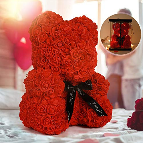 RECUTMS Rosen Bär rot,Rot Blumen Deko, Ewige Rose, Artificial Rose Decoration,Rosen Teddybär, Blumenbär mit Geschenkbox,verwendet für Mutte, Hochzeit, Geburtstag, Festival, Weihnachten, Jubiläum