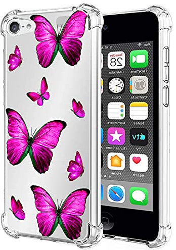 Yerebel Coque pour iPod Touch 7 / iPod Touch 6 / iPod Touch 5 Transparent Étui de Protection en Antichoc avec Coins Renforcés, Clair Mince Souple TPU pour Apple iPod Touch 5/6 / 7th Papillon Rose