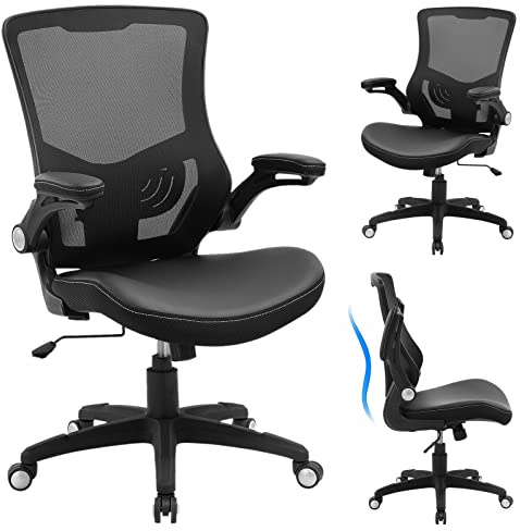 Office Chair Ergonomic Desk Chair, Computer PU Leather Home Office Chair, Swivel Mesh Back Adjustable Lumbar Support Flip-up Arms Executive Task Chair