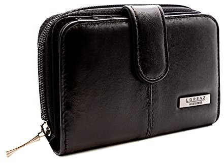 Women's Small Purse, Real Leather Zip Wallet with Coin and Key Pocket for Ladies (Black)