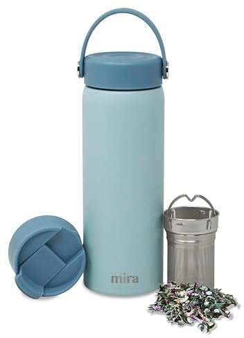 MIRA Stainless Steel Insulated Tea Infuser Bottle for Loose Tea - Thermos Travel Mug with Removable Tea Infuser Strainer-18 oz, Pearl Blue
