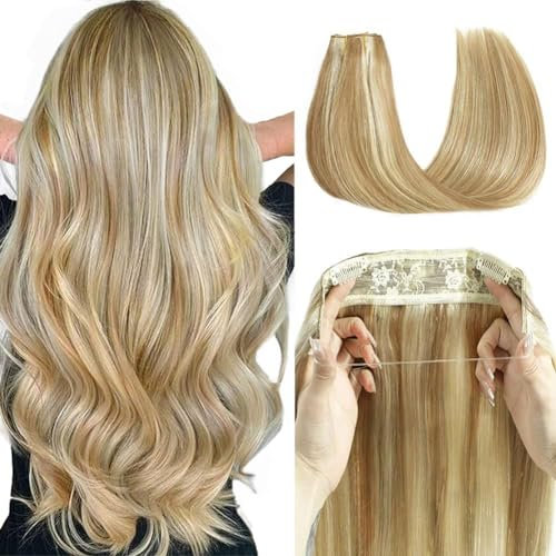 Ugrace Hair Haarverlängerung aus Echthaar, Extensions mit unsichtbarer Angelschnur, glattes Haarteil für Damen zum Anklipsen, 40,6 cm, 80 g, Hellblond bis Goldblond mit Highlights