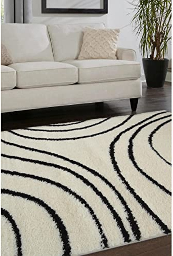 Modern Style Rugs Cosy Shaggy Black Cream Textured Wavy Rug. High Pile Rug, Soft Touch Area Rug Suitable for any Living Space, Large Lounge - 160x230 cm