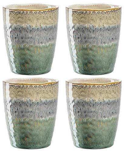 LEONARDO HOME Matera Becher Set 4-teilig - Steingut Tassen groß - Inhalt 300 ml - Handarbeit - Mikrowellengeeignet, spülmaschinenfest - 4er Set in beige/anthrazit/grün, 022842