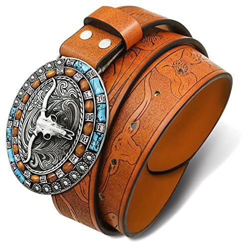 RechicGu Herren Western-Lederschnallengürtel, Stierkopf graviert, brauner Cowboy-Gürtel mit LongHorn-Bullschnallen, 3,8 cm breit, Silberfarbener Stier, Braun, L-Fit waist size(40-44)