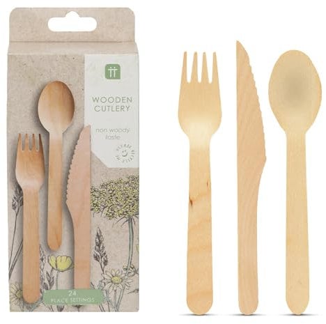 Talking Tables Set di posate in legno, coltelli, forchette e cucchiai biodegradabili, perfetto per campeggio, picnic o barbecue, 24 set