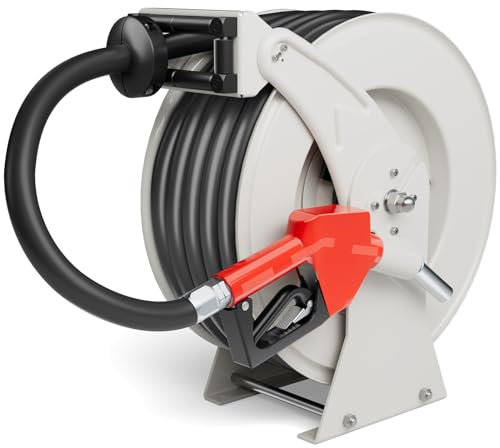 Schlauchtrommel 19 mm x 15 m einziehbar Kraftstoffschlauchtrommel, 300 PSI robuste industrielles Stahlkonstruktion Dieselschlauchtrommel, Auto-Drehgelenk mit Tankdüse Spule für Fahrzeugtank