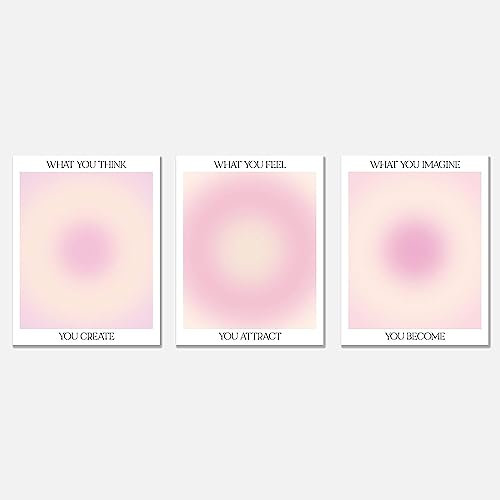 Enthusiasm 3er-Set What You Think You Become Pink-Aura-Energie-Farbverlauf, minimalistische Wandkunst-Poster, Drucke, positive spirituelle Dekorationen, Poster, ungerahmt (40 x 60 cm)