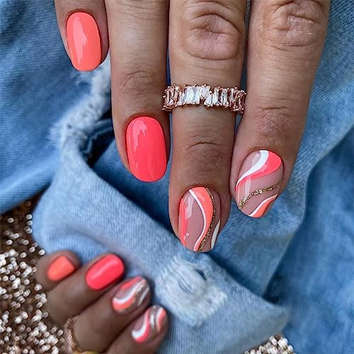 TMUT Lot de 24 faux ongles ronds courts à coller – Orange – Faux ongles amovibles à coller pour femmes et filles – Accessoires de nail art