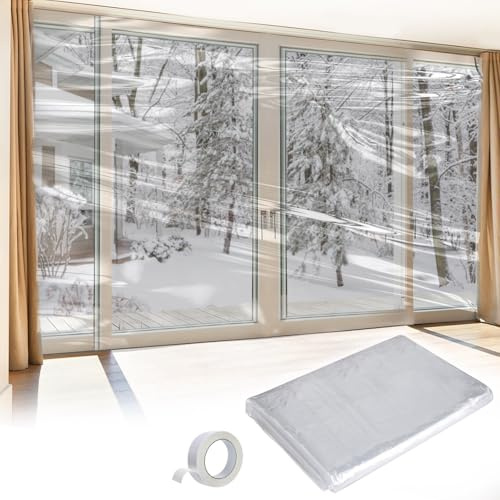 Kit de aislamiento de ventana de puerta de patio, plástico resistente al frío para ventana de interior, cubierta de ventana retráctil con cinta de doble cara para puerta corredera francesa, 87 x 118