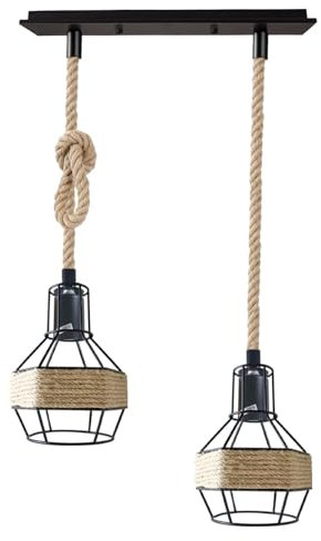 LEDSone Retro-Pendelleuchte mit 2 Köpfen, Hanfseil, Vogelkäfig, mit verstellbarem Kabel, für Esszimmer, Flur, Restaurant, Café, Schlafzimmer, Küche [Energieklasse A]