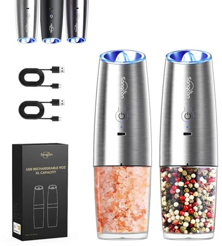 Sangcon Gravity - Set macinapepe elettrico ricaricabile USB con luce LED, funzionamento con una sola mano, macinazione automatica, grossolana regolabile (acciaio inox argento)