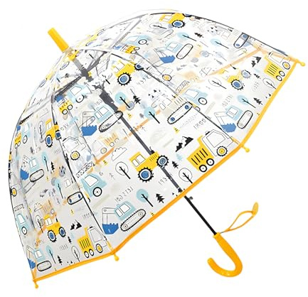 Meichoon Kinderregenschirm Bulldozer-Muster Transparent 70cm/27.5 Kuppel Klarsicht Automatisch öffnend Wind- und Regenschutz Gelb