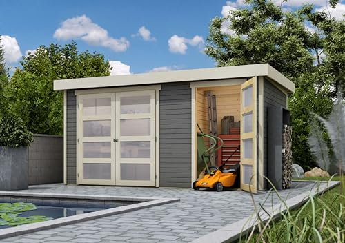 CHILLROI® Karibu Gartenhaus Maluna 1 inkl. Fußboden & Dacheindeckung Gerätehaus Gartenlaube 19 mm Wandstärke (terragrau)