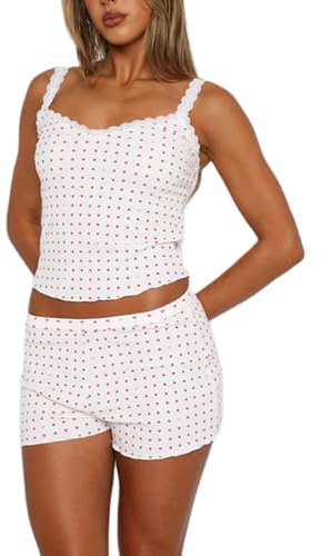Betrodi Women 2 Piece Pajama Outfits Sleeveless Floral Print Crop Cami Top Low Waist Shorts Pj Lounge Set Y2k Sleepwear (A Lace Trim Hearts, L)