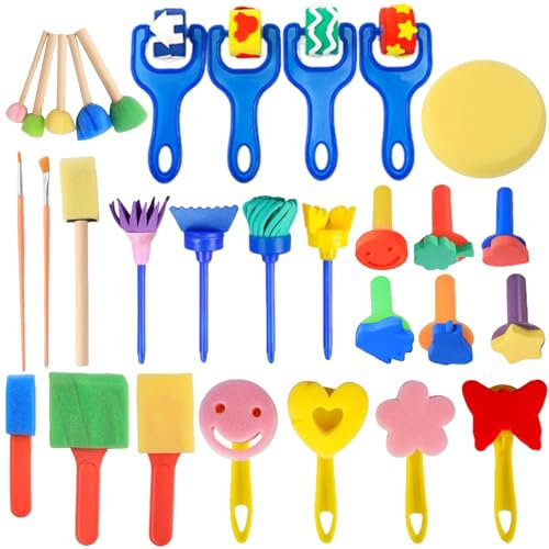 Raxfekro Set de 30 Kit Pintura Niños, Pincel Niños, Esponja para Pintar, Set de Herramientas de Pintura para Educación Infantil, Herramientas de Pintura Manual DIY