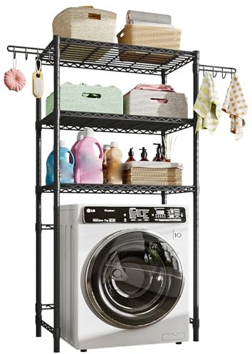 KZOBYD Verstellbares Waschmaschinenregal, Badezimmerregal mit Ablagen, Regal über Waschmaschine, Badezimmer Platzsparer mit Handtuchhaken Badezimmerablagen Schwarz Lagerregal, 89 * 34 * 192cm