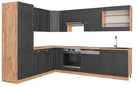 Vicco Eckküche Fame-Line, Anthrazit Landhaus/Goldkraft Eiche, 227 x 287 cm, AP Eiche