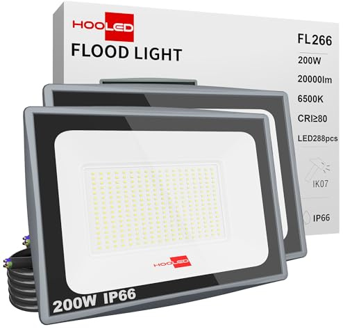 HOOLED LED Strahler 200W Außen, 20000LM Scheinwerfer 230v, IP66 LED Spotlight, 6500K Kaltweiß Aussenlampe Wandstrahler für Baustrahler Garten Garage Hof Wand Hinterhof Auffahrt Türen Flur (200w, 2)