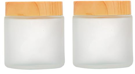 2 Pcs 100ML/3.4oz Frosted Glass Cosmetic Jars with Inner Liners and Wood Grain Lids Straight Sided Round Sample Cosmetic Container Airtight Glass Jar Travel Jars Pot for Cream Lotion etc