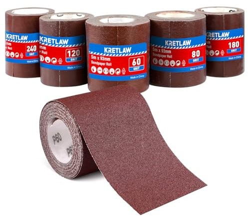 KRETLAW Sandpaper 5 Rolls Set, 5m x 93mm, 60/80/120/180/240 Grit, Aluminium Oxide Abrasive Sanding Paper for Sanding Rust Removal and Polishing