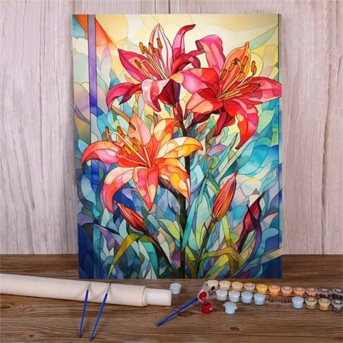 Malen Nach Zahlen Erwachsene Bunte Lilien Paint by Numbers DIY mit Pinseln und Acrylfarben Malen Nach Zahlen,Blume Handgemalt Ölgemälde Leinwand Kunst-Handwerk für Home Decor,ohne Rahmen 30x40cm