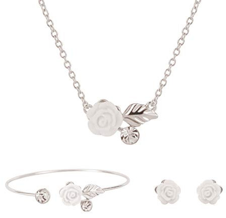 PULABO Collana da donna Bracciale orecchino 3 in 1 ciondolo in argento placcato bianco rosa pendenti con collana per ragazze Decorazione da ballo per feste Regali di compleanno Creativi e utili durev