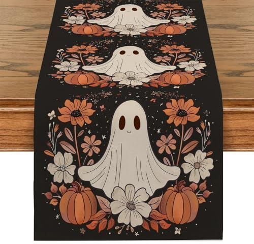 Halloween Tischläufer 33*183CM Halloween Deko Tischwäsche Niedlicher Geist Chrysantheme Tischdecke Leinen Vintage Orange Schwarz Abwaschbare tischdeko Halloween Geeignet für Küche Halloween Party