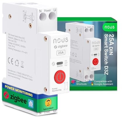 Nous Zigbee Interrupteur rail DIN 25 A Interrupteur intelligent avec surveillance de l'énergie, compatible avec Zigbee2MQTT, Home Assistant, Alexa & Google Home, télécommande par application, commande