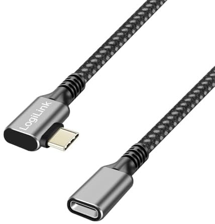 Logilink CUA0111 - USB 3.2 Gen2 Typ-C Verlängerungskabel mit PD Unterstützung (PowerDelivery), Stecker 90° gewinkelt, Farbe: Schwarz/Grau, Kabellänge: 1m