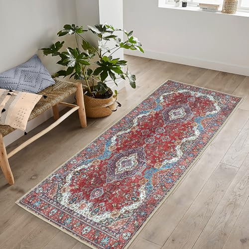 artyrugs Machine Washable Rug, 60x240cm, 75% Recycled Cotton, Short Pile, Non-Slip Backing, Non-Shedding, Suitable for Bedroom, Kitchen, Hallway, Office, Runner, Burgundy Red & Blue