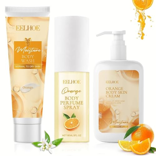 Badeset Frauen Geschenk Orange Wellness Set für Frauen Duschset Frauen Geschenkset mit Duschgel, Parfüm und Bodylotion, Wellness Geschenk Set zum Valentinstag & Muttertag - Orangenduf