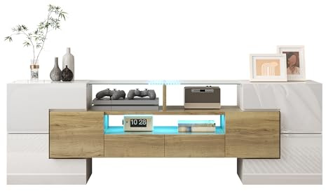 KecDuey Stilvoller TV-Schrank,145cm TV Lowboard,hochglänzendes Weiß, TV-Bänke mit LED-Beleuchtung und Glas tischplatte, Wohnzimmermöbel. modernes Design (Weiß+Holzfarbe, 145cm)