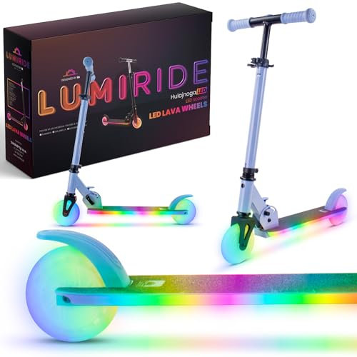 LUMI Ride Kinderroller 2 Räder ab 3 Jahren, LED - 7 Farben, 20 Programme - 3-stufige Lenkerhöhenverstellung, Fußbremse, abnehmbare Griffe (Blau)