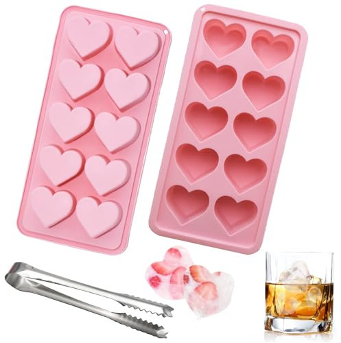 PXBSNB 2 Stück Eiswürfelform Herz Silikon, 10 Cavity Herzform Eiswürfel Silikon, Herzförmige Silikonform mit Eiswürfelzange, BPA Frei Heart Eiswürfelbehälter für Schokolade Süßwaren Gelees Seifen
