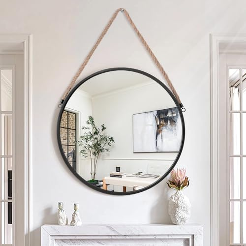 Lzuso Espejo colgante redondo de metal negro con marco de metal, espejos de pared con cuerda, moderno para baño, dormitorio, sala de estar, entrada, decoración del hogar, 16 pulgadas